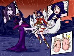 1futa 1girls ahri animal_ears ballbusting bottomless castration clothed clothing cock_and_ball_torture duo female fox_ears fox_tail fully_clothed futanari high_heels humanoid kemonomimi kick_in_the_balls kick_in_the_nuts kick_in_the_testicles kicking kicking_balls league_of_legends light-skinned_futanari light_skin morgana ocigart pained_expression ruptured_testicle tears tears_of_pain winged_humanoid wings