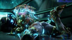 1girls 3d alien alien_girl anus armor auramargaret glowing helmet ivara_(warframe) ivara_prime_(warframe) looking_at_viewer lying presenting pussy solo solo_female warframe