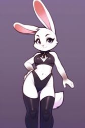 1girls :3 ai_generated choker clothed female furry high_waisted_thong lagomorph latex looking_at_viewer mammal midriff nai_diffusion navel petite purple_eyes rabbit slim solo solo_female stable_diffusion stockings thighhighs thong white_fur