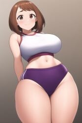 ai_generated blush brown_eyes brown_hair female funemily1 gym_uniform large_breasts my_hero_academia nai_diffusion ochako_uraraka stable_diffusion thick_thighs wide_hips