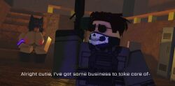 1boy 1girls 3d aviator_sunglasses decaying_winter dialogue gun lulu_(decaying_winter) machine_gun moosty night_vision_goggles roblox roblox_game robloxian sitting skull_mask source_request tagme walking_away yosef_(decaying_winter)