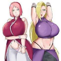 2girls alternate_breast_size armpits arms_behind_head arms_up big_breasts blonde_hair blue_eyes blush boruto:_naruto_next_generations bracelet breasts busty china_dress crop_top dress elbow_pads female female_only green_eyes hair_over_one_eye highleg highleg_panties ino_yamanaka lipstick looking_at_viewer makeup mature mature_female midriff milf multiple_girls naruto naruto:_the_last naruto_(series) naruto_shippuden panarandom panties pants pants_pull pink_hair pulled_by_self sakura_haruno skirt take_your_pick thick_thighs undressing undressing_self very_long_hair voluptuous wide_hips