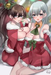 2girls aqua_eyes aqua_hair ascot bell bow breasts brown_hair capelet christmas cleavage collar cowboy_shot detached_collar dress fur-trimmed_capelet fur-trimmed_dress fur_trim green_ascot green_bow green_eyes hair_ornament hairclip highres jingle_bell kantai_collection kumano_(kantai_collection) large_breasts light-skinned_female light_skin long_hair mizoredama1 multiple_girls official_alternate_costume orange_collar ponytail red_capelet red_dress suzuya_(kantai_collection)