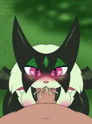 <3_eyes anthro blush bodily_fluids bodily_fluids_in_mouth breasts cum cum_in_mouth cum_inside duo female first_person_view genital_fluids graviidy green_body heart hi_res human human_on_anthro human_on_pokemon human_penetrating looking_at_viewer male male_pov mammal meowscarada nintendo nipples oral oral_penetration penetration pokémon_(species) pokemon pokemon_(species) pokemon_sv purple_eyes video_games