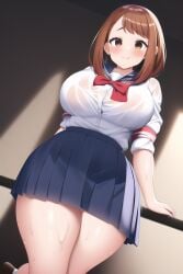 ai_generated blush brown_eyes brown_hair chubby female funemily1 huge_breasts large_breasts my_hero_academia nai_diffusion no_bra ochako_uraraka school_uniform see-through see-through_clothing stable_diffusion thick_thighs wet wet_clothes wide_hips