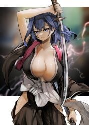 1girls big_breasts bladed_weapon bleach blue_eyes blue_hair breasts cleavage female hips hololive hololive_english hololive_english_-council- hololive_english_-promise- huge_breasts japanese_sword katana kimono light-skinned_female light_skin looking_at_viewer matsumoto_rangiku matsumoto_rangiku_(cosplay) open_clevage open_kimono ouro_kronii short_hair shounen_jump soul_reaper sword swordswoman thick_thighs thighs virtual_youtuber vyragami weapon wide_hips