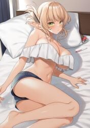 aegis_(takunomi) bare_midriff big_breasts black_panties blonde_hair blush cleavage crop_top denim_shorts elf enjo_kouhai female female_only green_eyes long_ears looking_at_viewer no_bra on_bed on_side panties pointy_ears pregnancy_test revealing_clothes short_shorts shorts solo takunomi tied_hair underboob