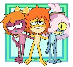 3girls amphibia amphibian anthro anthro_only bandages blonde_hair blue_skin bow_on_head frog frog_girl frog_humanoid frogs ivy_sundew maddie_flour multiple_girls naked naked_female nude nude_female one_eye_covered orange_hair polly_plantar purple_hair purple_skin straight_hair tongue_out transparent_background two_toes xierra099