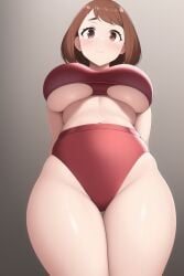 ai_generated blush brown_eyes brown_hair cleavage female funemily1 gym_uniform looking_at_viewer looking_down my_hero_academia nai_diffusion ochako_uraraka stable_diffusion thick_thighs underboob wide_hips