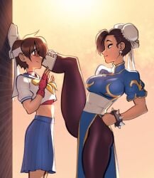 artist_request blush bullying capcom chun-li clothing dominant_female female footwear handwear human kabedon leg_kabedon leg_up pale_skin pantyhose sakura_kasugano street_fighter teasing thick_thighs yuri