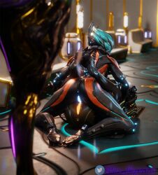 2girls 3d alien alien_girl anus armor auramargaret claws ember_(warframe) feet glowing_genitalia helmet imminent_sex looking_back multiple_girls on_top pussy saryn_(warframe) tagme valkyr_(warframe) warframe