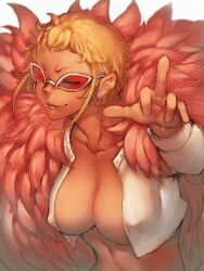 1girls 2015 belly belly_button big_breasts blonde_female blonde_hair breasts cleavage closed_mouth covered_nipples donquixote_doflamingo feather_coat female female_focus female_only fumio_(rsqkr) genderswap_(mtf) glasses large_breasts light-skinned_female light_skin middle_finger navel one_piece open_clothes open_shirt pink-tinted_eyewear rule_63 shiny shiny_hair shiny_skin shirt short_hair short_hair_with_long_locks simple_background smile solo solo_female solo_focus stomach sunglasses tinted_eyewear very_short_hair white_background