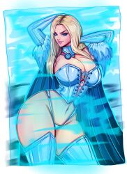 arms_behind_head blonde_hair blue_eyes blue_lipstick corset emma_frost female female_only hourglass_figure huge_breasts looking_at_viewer marvel marvel_comics panties smirking_at_viewer theartofmathew thick_thighs white_queen wide_hips x-men