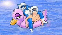 16:9 2d_(artwork) aliasing alternate_species anatid anseriform anthro artist_name ass avian barefoot big_butt bird blue_and_white_fur blue_body blue_eyes blue_fur blue_water convenient_censorship digital_media_(artwork) dithering duck duo feet female flat_chested floating front_view_butt fur glistening gloves_(marking) gwen_mason hair human inflatable inflatable_raft inflatable_toy inner_tube leg_markings light light_body light_skin looking_at_viewer mammal markings mephitid multicolored_body multicolored_fur navel nipples nude pink_fingernails pink_nipples pink_nose pink_toenails reflection sfl-art signature skinny_dipping skunk smile socks_(marking) square_crossover sunlight sunny swimming two_tone_body two_tone_fur water water_reflection wet wet_hair wet_tail white_hair widescreen young