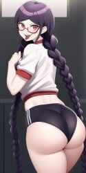 ai_generated ass crazy_eyes danganronpa danganronpa:_trigger_happy_havoc danganronpa_ultra_despair_girls fukawa_touko genocider_shou glasses gym gym_uniform looking_at_viewer looking_back midriff n.c.b_ai nai_diffusion sharp_teeth stable_diffusion tongue_out twin_braids