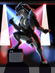 alex.fetter anthro balls black_body black_fur bodily_fluids bouncing_balls cable claws digitigrade flaccid fur generation_8_pokemon genital_fluids genitals grey_body grey_fur hi_res humanoid_genitalia humanoid_penis male microphone nintendo obstagoon patreon penis pokémon_(species) pokemon pokemon_(species) precum red_eyes saliva stage tongue video_games white_body white_fur