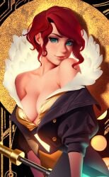 1girls 2022 2d 2d_(artwork) art_nouveau bare_shoulders big_breasts blue_eyes breasts bust busty buttons cleavage clothed clothing collarbone cowboy_shot digital_drawing_(artwork) digital_media_(artwork) digital_painting_(artwork) dress ears feather_collar feather_trim female female_focus female_human female_only flat_belly flat_stomach forearms freckles freckles_on_breasts freckles_on_chest freckles_on_face freckles_on_shoulders front_view glowing_object glowing_sword gold_background hair hi_res holding_object holding_sword holding_weapon human human_female human_only jacket large_breasts light-skinned light-skinned_female light_body light_skin lips lipstick living_sword living_weapon long_eyelashes looking_at_viewer neck no_sex nose pink_lips pinup pinup_pose red_(transistor) red_eyebrows red_hair rolled_up_sleeves shiny_dress shiny_lips short_hair singer slender_body slender_waist smile solo solo_female solo_focus supergiant_games sword textless transistor_(game) tsuaii twitter unfinished weapon woman yellow_background yellow_dress young young_woman