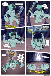 abs anthro canid canine canis cave comic dialogue dust:_an_elysian_tail dust_(elysian_tail) fantasy hi_res iudicium86 male mammal melee_weapon muscular nude quicksand sinking solo sword video_games weapon wolf