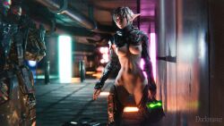 abs adam_smasher armor armored_female cybernetic_arm cybernetic_limb cybernetics cyberpunk cyberpunk_2077 cyborg duckmaster elf elf_ear elf_ears elf_female elf_girl female fit nude nude_female original_character sci-fi skinsuit stomach surrounded toned_body toned_female toned_stomach white_hair