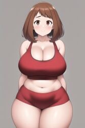 ai_generated blush brown_eyes brown_hair cleavage female funemily1 gym_uniform my_hero_academia nai_diffusion ochako_uraraka stable_diffusion thick_thighs wide_hips