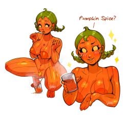 artist_signature black_sclera blush breasts glass_cup green_hair large_breasts nude nude_female open_mouth orange_skin peeing peeing_in_cup pubic_hair pumpkin pumpkin_boobs pumpkin_breasts pussy smile spread_legs squatting steam theartofvero twintails urine yellow_pupils