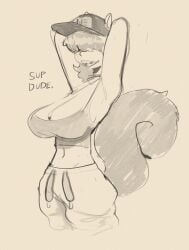 1girls anthro armpits arms_up bangs bangs_over_eyes braces cleavage female fur furry genderswap genderswap_(mtf) hair hair_over_eyes hat large_breasts peculiart rule_63 smile smiling smiling_at_viewer solo solo_female squirrel_tail stacy_(peculiart) sweatpants tagme tank_top