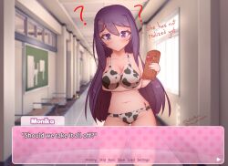 1girls ? ?? among_us among_us_reference book bow bra brown_hair cow_print cow_print_bra cow_print_panties cowprint_bra cowprint_panties crewmate_(among_us) ddlc_text_box dialogue doki_doki_literature_club female green_(among_us) hallway holding_book holding_object innersloth looking_at_viewer monika_(doki_doki_literature_club) moo_yuri panties ponytail purple_eyes purple_hair red_(among_us) red_bow red_text school solo standing text text_box theartistaurora white_bow yellow_(among_us) yuri_(doki_doki_literature_club)