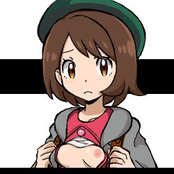 backpack bag bangs beret blush breasts brown_eyes brown_hair buttons cardigan closed_mouth clothes_lift collarbone collared_dress creatures_(company) dress female female_focus game_freak gloria_(pokemon) gomatarou green_headwear grey_cardigan hands_up hat jaggy_lines light_blush looking_at_viewer matching_hair/eyes nintendo nipples no_bra one_breast_out open_cardigan open_clothes open_dress pink_dress pokemon pokemon_(game) pokemon_ss raised_eyebrows shiny shiny_hair shirt shirt_lift short_hair sidelocks small_breasts solo split_depth swept_bangs textless_version upper_body white_background white_shirt