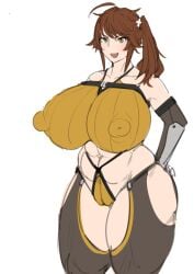 2022 big_ass big_breasts big_butt big_nipples blush breasts breasts_bigger_than_head brown_hair clothed_female clothing colored colored_sketch dnf_duel dungeon_fighter_online fighter_(dungeon_and_fighter) kunaboto light-skinned_female light_skin long_hair looking_at_viewer nipple_bulge nipples nipples_visible_through_clothing open_eyes open_mouth open_smile sketch striker_(dungeon_and_fighter) thick thick_ass thick_thighs thigh_highs thighhighs thighs venus_body white_background yellow_eyes