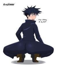 1boy 1male angry ass ass_focus black_hair blue_eyes blush broly_culo bubble_ass bubble_butt clothed dat_ass english_text fushiguro_megumi gay huge_ass huge_butt jujutsu_kaisen looking_at_viewer male male_focus male_only meme nulifaaar school_uniform self_upload simple_background solo solo_male text uniform white_background yaoi