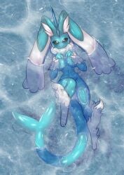 2d anthro belly_button big_breasts black_eyes bunny_ears covered_nipples female female_focus female_only female_pokemon furry fusion humanoid lopunny mr.russo nude pokémon_(species) pokemon pokemon_(species) skinny smile swimming tail toned toned_female vaporeon vaporunny water wet