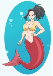 1girls black_hair bra female female_only fish_tail hair mermaid mermaid_girl mermaid_tail mermaid_transformation momo_yaoyorozu monster_girl my_hero_academia png red_tail solo waist