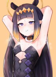 1girls armpits arms_above_head arms_behind_head arms_up black_dress blush choker embarrassed flat_chest flat_chested halo hololive hololive_english hololive_myth hun2 light-skinned_female light_skin long_hair looking_at_viewer mole_under_eye musk musk_clouds ninomae_ina'nis pale_skin purple_eyes purple_hair raised_arms solo steam steaming_body sweat sweatdrop sweating sweaty_armpits sweaty_body tiara virtual_youtuber wavy_mouth