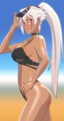 beach bikini black_bikini cleavage dark-skinned_female eye_markings flcl flcl_progressive gairon grey_hair hand_on_hip julia_jinyu looking_at_viewer ponytail red_eyes sunglasses_on_head