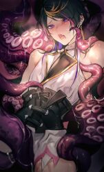 1boy black_hair blush clothed corset cum cum_on_face earrings liquid long_hair male_only mouth_open muscles nijisanji nijisanji_en over_clothes purple_eyes purple_hair shoulder_cut shu_yamino sweat sweating tentacle tentacle_on_male tentacle_rape virtual_youtuber yellow_hair