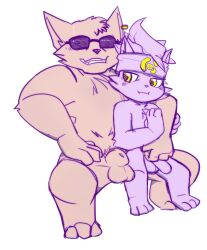 anthro bandana duo eyewear hi_res kerchief league_of_legends legends_of_runeterra male male/male mammal mousesix on_lap riot_games sitting_on_lap size_difference sunglasses swole_scout_(lor) video_games yordle yordle_newbie_(lor)
