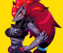 anthro blue_eyes blush drunkoak fang female female_focus female_only fox fox_girl generation_5_pokemon humanoid nintendo pokémon_(species) pokemon pokemon_(species) pokemon_bw pokemorph red_eyeshadow red_hair toned toned_female yellow_background zoroark