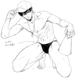 abs alternate_costume barefoot baseball_cap coach full_body gintama hat hijikata_toshiro line_art male male_only megaphone monochrome solo speedo spread_legs squatting swimwear toned toned_male topless topless_male wet_skin whistle whistle_around_neck yossya_yossya