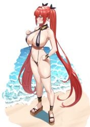 1girls alternate_costume beach blue_eyes blush cleavage female huge_breasts last_origin long_hair may_of_doom may_of_doom_(atomic_sexy_swimsuit)_(last_origin) miman_(hasutaro_stream) mole_on_breast official_alternate_costume outdoor red_hair sandals skimpy_clothes sling_bikini thong twintails