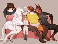 1boy 4girls age_difference anthro artist_name artist_signature bebebebebe big_breasts blep blush borzoi breasts brown_fur canid canine cleavage clothed clothing color colored couch digital_media_(artwork) doberman domestic_dog embarrassed female flustered fur furniture furry furry_ears furry_female furry_only hair_covering_eyes inax large_breasts larger_female male male_anthro mature_female milf multiple_girls muscular muscular_female nervous nipples_visible_through_clothing older_female_and_younger_boy pawpads shy signature simple_background size_difference slightly_chubby slightly_chubby_female smaller_male sofa submissive_male sweat sweatdrop sweating tail thick_thighs tits toned_female tuft white_fur young younger_male