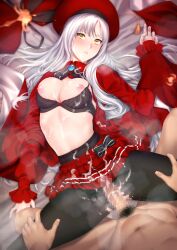 1boy bangs blush breasts caren_hortensia caren_hortensia_(amor_caren) caren_ortensia fate/grand_order fate_(series) female highres long_hair long_sleeves looking_at_viewer medium_breasts missionary navel nipples penis pussy sex spread_legs straight vaginal_penetration white_hair yellow_eyes zucchini