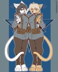 black_hair blue_eyes brown_ears brown_fur brown_tail cat_girl catgirl clothed female female_only foxhole:_persistant_online_warfare furry green_eyes military military_uniform multiple_girls oc peace_sign smile tail tan_hair the_man tongue_out warden_infantry white_ears white_fur white_tail