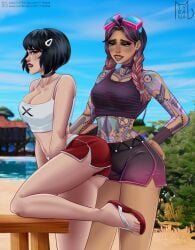 2d 2girls beach_jules black_hair blush braided_hair braided_twintails choker cleavage cleavage_overflow clothed digital_media_(artwork) earrings evie_(fortnite) eyewear_on_head female flip_flops fortnite fortnite:_battle_royale goggles goggles_on_head hairpin horny jules_(fortnite) lipstick makeup red_lipstick sandals shorts tank_top tattoo tattoos tongue_out two_tone_hair tyrana yuri