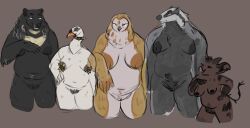 anatid anseriform anserinae anthro avian badger badger_(book_club) beak belly big_nipples bird black_nipples body_hair breasts brown_nipples casual_nudity cheek_tuft choker collar curvy_figure european_badger facial_tuft feather_tuft feathers female fiskdisk fluffy fluffy_ears galt_(fiskdisk) genitals group happy_trail horn jewelry lady_swan_(book_club) mammal meles miss_owl_(book_club) model_sheet momma_bear_(book_club) muscular muscular_female mustelid musteline neck_tuft necklace nipple_piercing nipples orange_nipples overweight overweight_anthro overweight_female owl piercing pig_nose pubes pussy sagging_breasts size_difference slightly_chubby spiked_collar spikes sun_bear swan the_book_club tuft ursid ursine voluptuous voluptuous_female