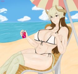 bad_art beach bikini bovine_humanoid breasts brown_eyes casumyl cow_girl cow_horns cow_tail large_breasts looking_at_viewer mil_(monster_musume) minotaur_female minotaur_girl monster_girl monster_musume_no_iru_nichijou solo tagme tail two-tone_hair