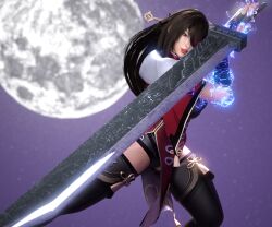 1girls 3d asian asian_female beidou_(genshin_impact) big_sword brown_hair buster_sword chun-li cosplay crossover daz3d daz_studio final_fantasy gcb genshin_impact long_hair looking_at_viewer mature mature_female moon moonlight purple_background red_eyes solo_female street_fighter sword thighs weapon