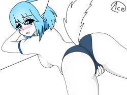 ass blue_eyes blue_hair blush cute drooling female gym_uniform horny looking_at_viewer looking_back panties touching_pussy touching_self underwear virtual_youtuber wolf_ears wolf_tail wolfychu youtube youtuber