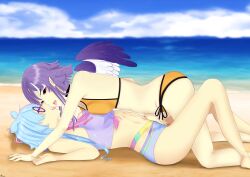 beach belle_sprout bikini birdieboba female_on_female female_on_top females_only glasses kissing rubbing_pussy_through_clothing saliva_string snail_girl tagme tengu wings