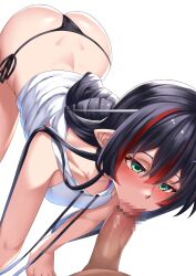 1girls ass ass_up black_hair black_panties blowjob blush ceijin censored censored_penis fellatio green_eyes hoodie jacket mika_melatika mosaic_censoring nail_on_head nijisanji nijisanji_indonesia oral panties penis red_hair sucking_penis virtual_youtuber