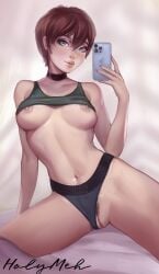 1girls barely_contained_breasts bed blue_eyes breasts breasts_almost_out brown_hair capcom cellphone choker dat_pussy green_tank_top grey_thong grey_underwear holding_phone holymeh kneeling kneeling_on_bed kneeling_position legs_apart legs_spread light-skinned_female looking_at_viewer mirror_selfie naughty naughty_face navel nipples on_bed panties_aside partially_nude petite phone pose pubic_hair pubic_hair_peek pussy rebecca_chambers resident_evil seductive seductive_eyes seductive_gaze seductive_look seductive_smile selfie short_hair smile smiling smiling_at_viewer spread_legs striptease tank_top tank_top_lift thong thong_aside underwear underwear_aside very_short_hair